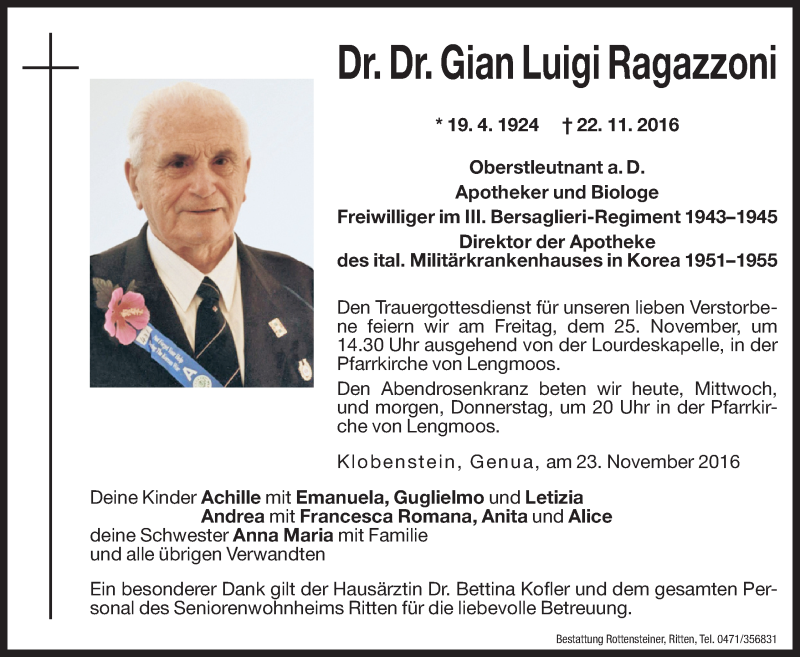  Traueranzeige für Gian Luigi Ragazzoni vom 23.11.2016 aus Dolomiten