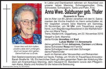 Traueranzeige von Anna Salzburger von Dolomiten