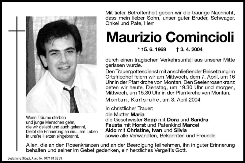  Traueranzeige für Maurizio Comincioli vom 06.04.2004 aus Dolomiten