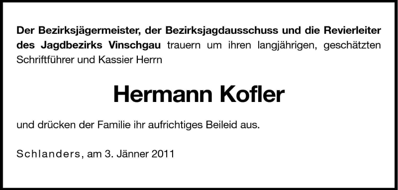  Traueranzeige für Hermann Kofler vom 03.01.2011 aus Dolomiten