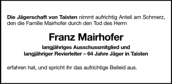Traueranzeige von Franz Mairhofer von Dolomiten