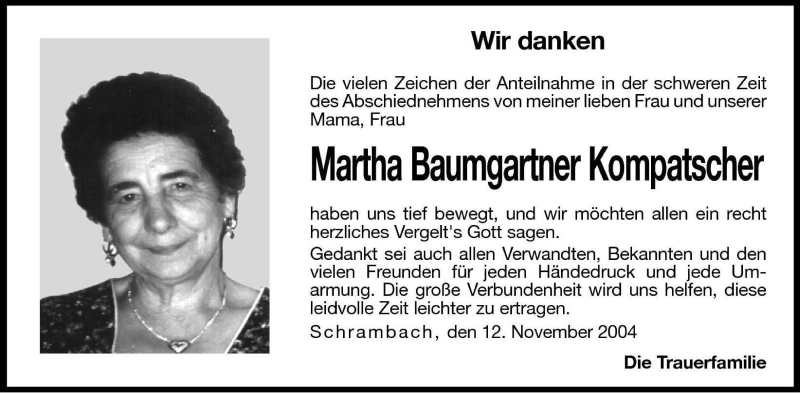  Traueranzeige für Martha Baumgartner Kompatscher vom 12.11.2004 aus Dolomiten