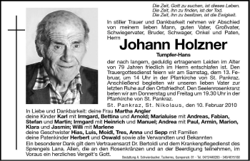 Traueranzeige von Johann Holzner von Dolomiten