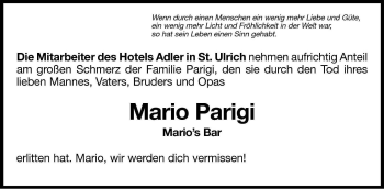 Traueranzeige von Mario Parigi von Dolomiten