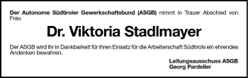 Traueranzeige von Viktoria Stadlmayer von Dolomiten