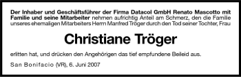 Traueranzeige von Christiane Tröger von Dolomiten