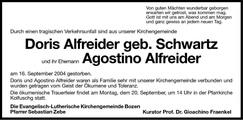  Traueranzeige für Doris und Agostino Alfrieder vom 18.09.2004 aus Dolomiten