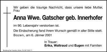 Traueranzeige von Anna Gatscher von Dolomiten