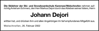 Traueranzeige von Johann Dejori von Dolomiten