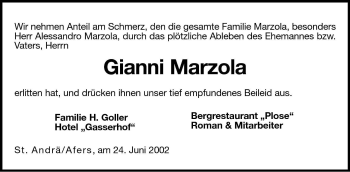 Traueranzeige von Gianni Marzola von Dolomiten