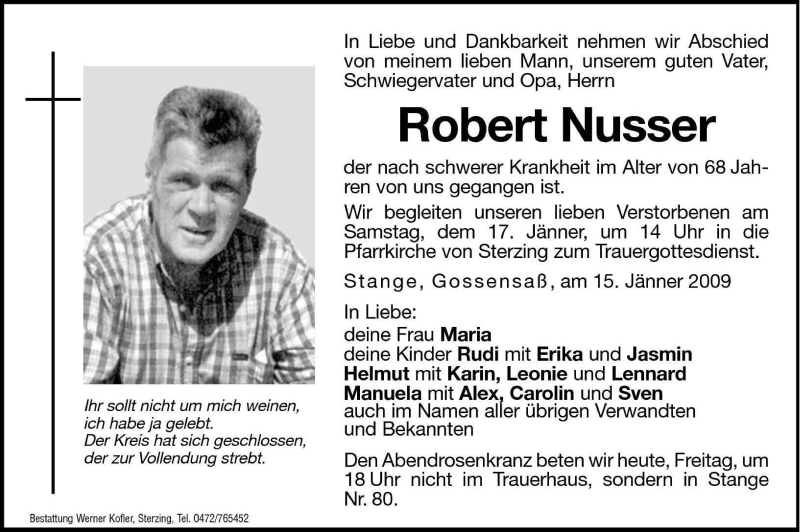  Traueranzeige für Robert Nusser vom 16.01.2009 aus Dolomiten