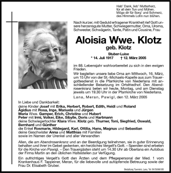 Traueranzeige von Aloisia Klotz von Dolomiten