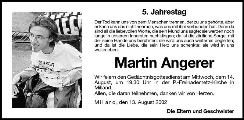  Traueranzeige für Martin Angerer vom 13.08.2002 aus Dolomiten