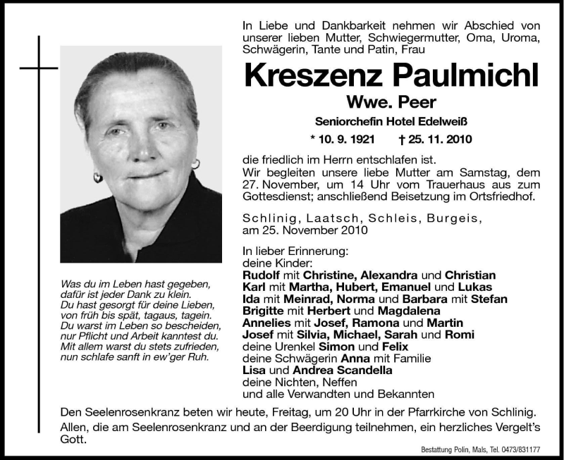  Traueranzeige für Kreszenz Paulmichl vom 26.11.2010 aus Dolomiten