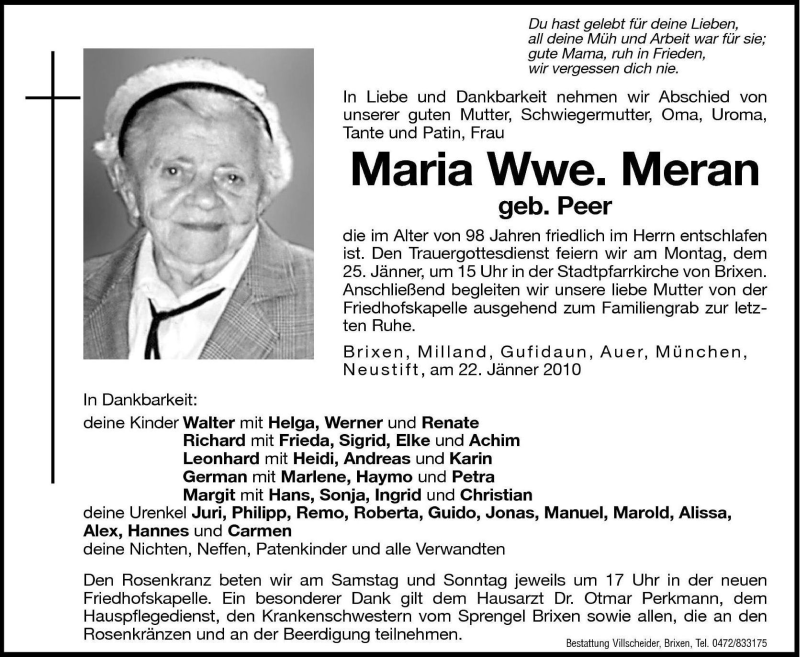 Traueranzeige für Maria Meran vom 23.01.2010 aus Dolomiten