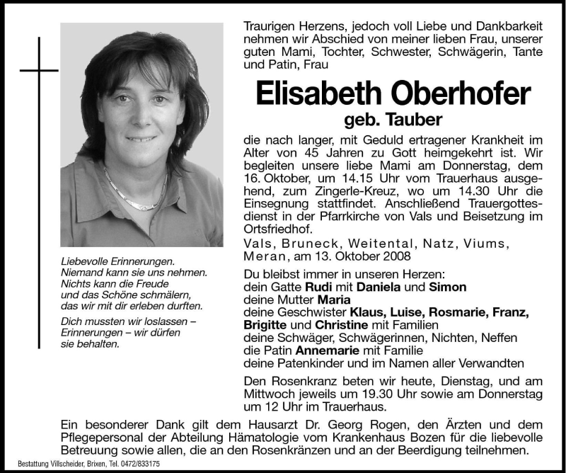  Traueranzeige für Elisabeth Oberhofer vom 14.10.2008 aus Dolomiten