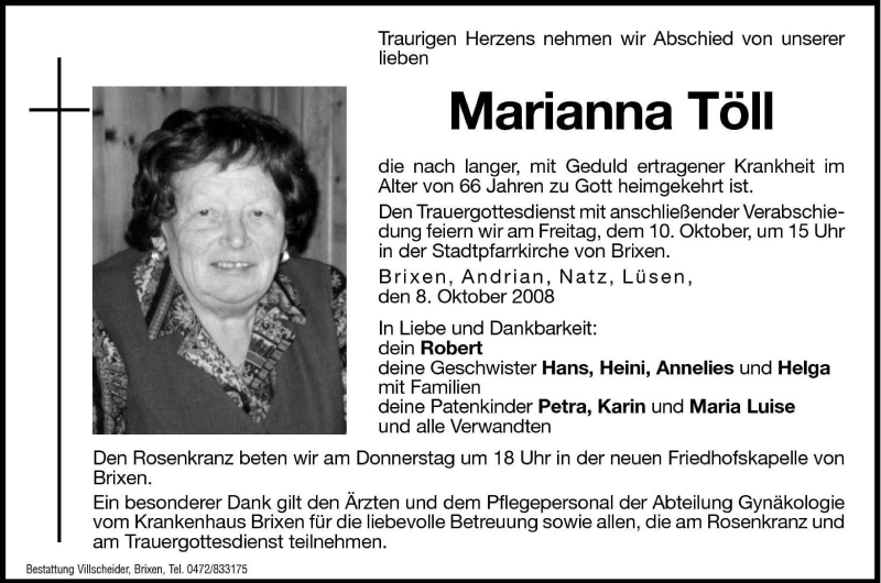  Traueranzeige für Marianna Töll vom 09.10.2008 aus Dolomiten
