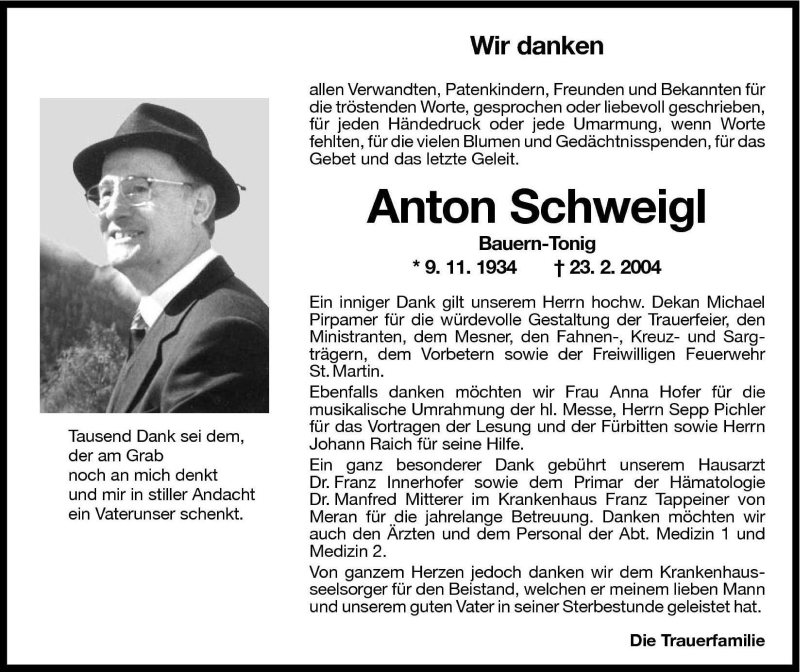  Traueranzeige für Anton Schweigl vom 12.03.2004 aus Dolomiten