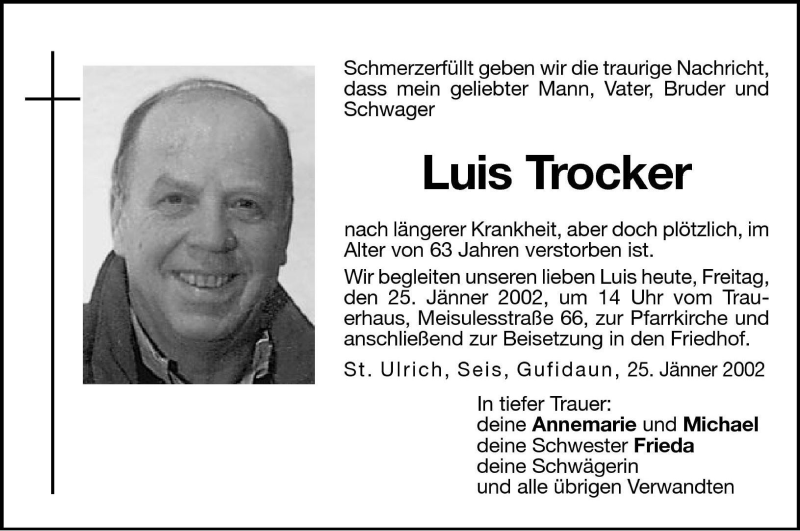  Traueranzeige für Luis Trocker vom 25.01.2002 aus Dolomiten