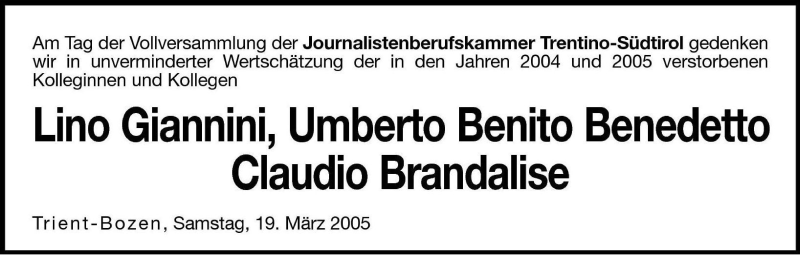  Traueranzeige für Lino Giannini vom 19.03.2005 aus Dolomiten