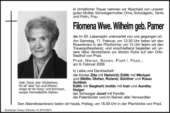 Traueranzeige von Filomena Wilhelm von Dolomiten
