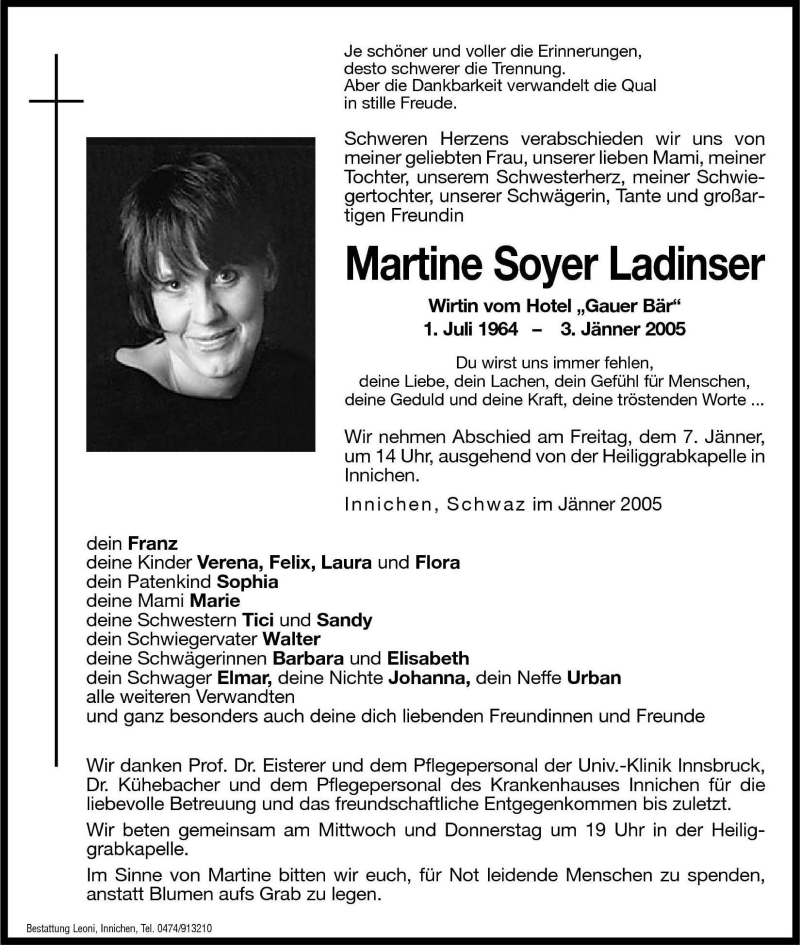  Traueranzeige für Martine Soyer Ladinser vom 05.01.2005 aus Dolomiten