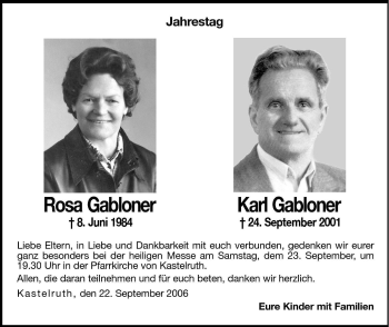 Traueranzeige von Rosa Gabloner von Dolomiten