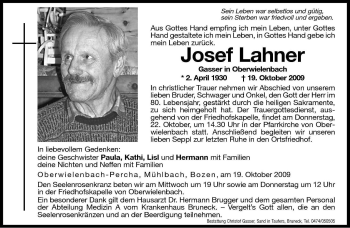 Traueranzeige von Josef Lahner von Dolomiten