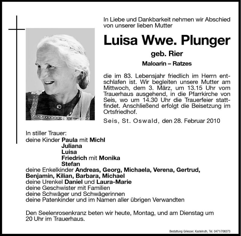  Traueranzeige für Luisa Plunger vom 01.03.2010 aus Dolomiten