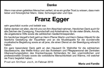 Traueranzeige von Franz Egger von Dolomiten