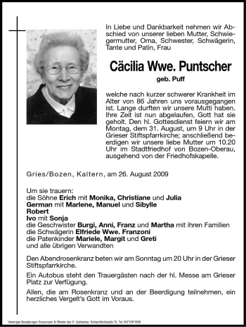 Traueranzeige von Cäcilia Puntscher von Dolomiten