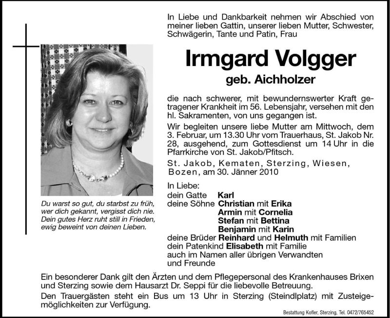  Traueranzeige für Irmgard Volgger vom 01.02.2010 aus Dolomiten