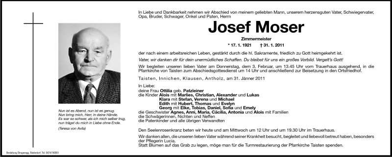  Traueranzeige für Josef Moser vom 01.02.2011 aus Dolomiten