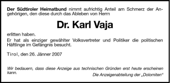 Traueranzeige von Karl Vaja von Dolomiten