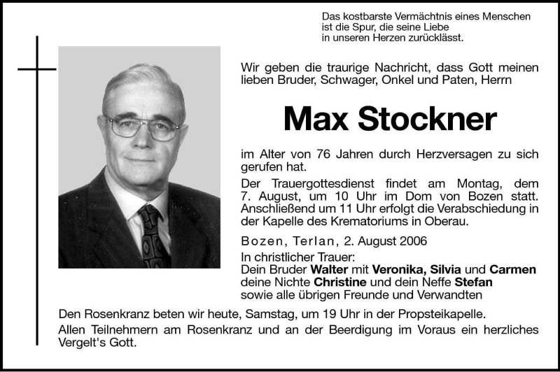  Traueranzeige für Max Stockner vom 05.08.2006 aus Dolomiten