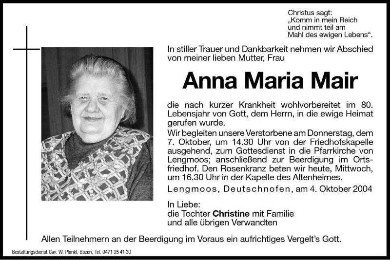  Traueranzeige für Anna Maria Mair vom 06.10.2004 aus Dolomiten