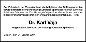 Traueranzeige von Karl Vaja von Dolomiten