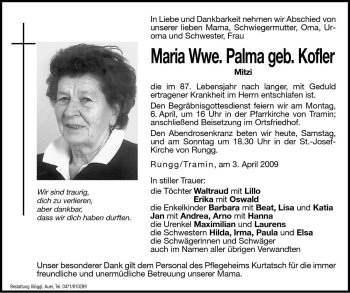 Traueranzeige von Maria Palma von Dolomiten