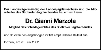 Traueranzeige von Gianni Marzola von Dolomiten