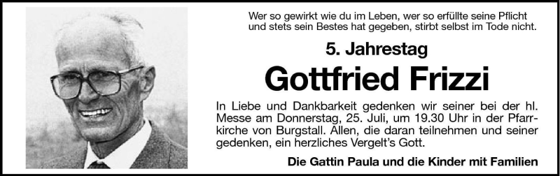  Traueranzeige für Gottfried Frizzi vom 24.07.2002 aus Dolomiten