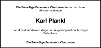 Traueranzeige von Karl Plankl von Dolomiten