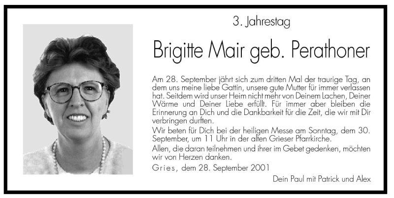  Traueranzeige für Brigitte Mair vom 28.09.2001 aus Dolomiten