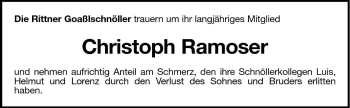 Traueranzeige von Christoph Ramoser von Dolomiten