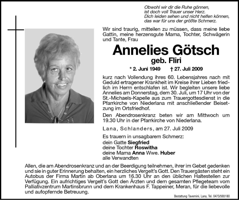  Traueranzeige für Annelies Götsch vom 29.07.2009 aus Dolomiten