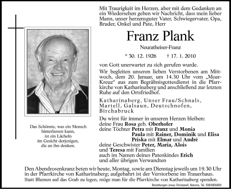  Traueranzeige für Franz Plank vom 18.01.2010 aus Dolomiten