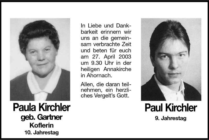  Traueranzeige für Paul Kirchler vom 26.04.2003 aus Dolomiten
