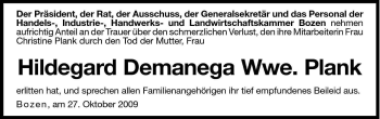 Traueranzeige von Hildegard Plank von Dolomiten