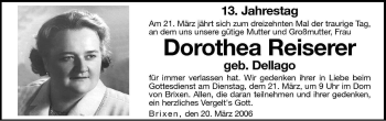 Traueranzeige von Dorothea Reiserer von Dolomiten