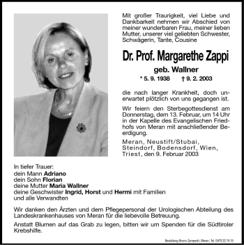 Traueranzeige von Margarethe Zappi von Dolomiten