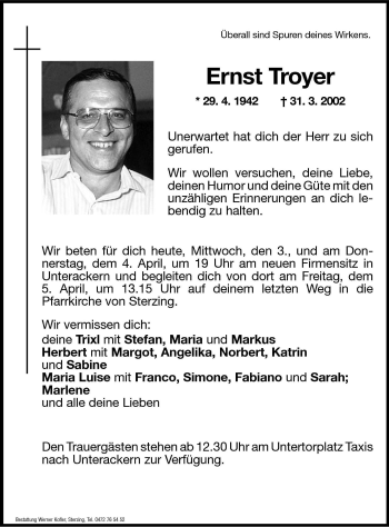 Traueranzeige von Ernst Troyer von Dolomiten